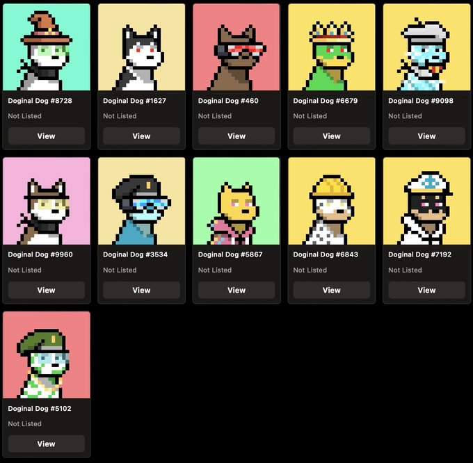 A grid of 10 pixel-art character collectibles labeled 'Doginal Dog' with various numbered designations, marked 'Not Listed' with 'View' buttons.