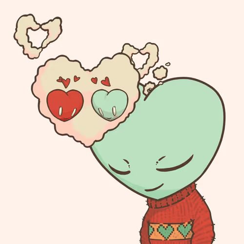 A cute green alien-like character wearing a red sweater with heart patterns smiles peacefully with closed eyes, dreaming of a large heart-shaped cloud containing two hearts (one red, one mint green) with floating smaller heart bubbles around it. The image perfectly illustrates the post's message of spreading love and positivity, with the heart motifs echoing the romantic, warm tone of the "GM! It's the perfect day to spread some love!" greeting.