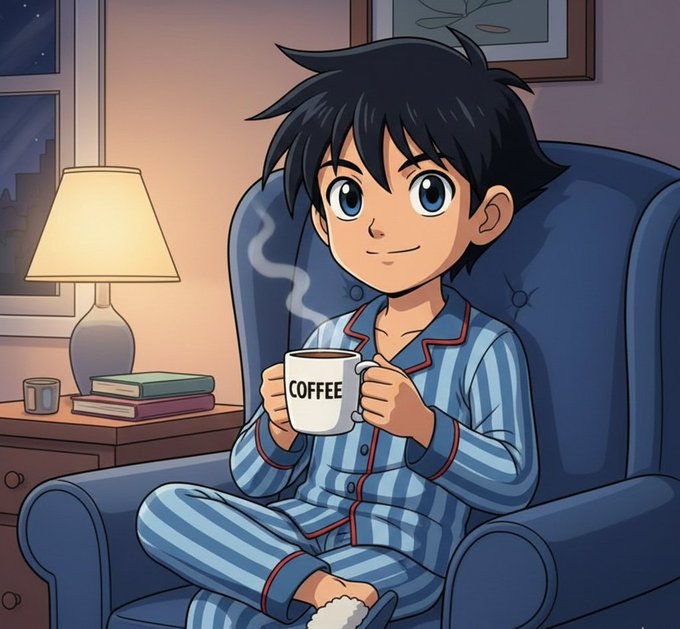 A young man in blue striped pajamas sits in a blue armchair holding a steaming mug labeled "COFFEE," enjoying a cozy morning moment that pairs with the post's friendly "Good morning everyone" greeting and discussion of innovative tech developments from TermMaxFi and QuipNetwork.