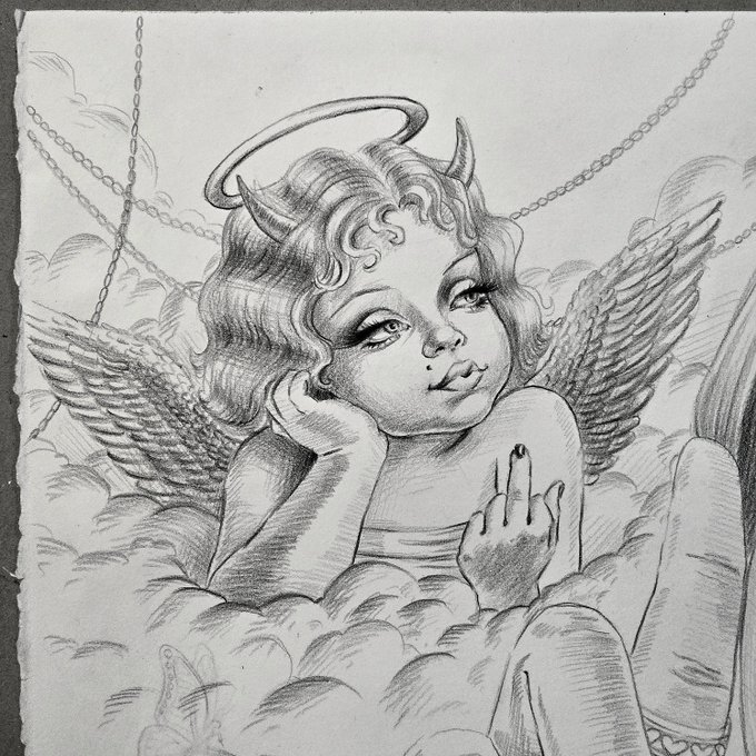 A pencil sketch of an angelic figure with horns and a halo, winged, and resting on clouds while making a middle finger gesture.