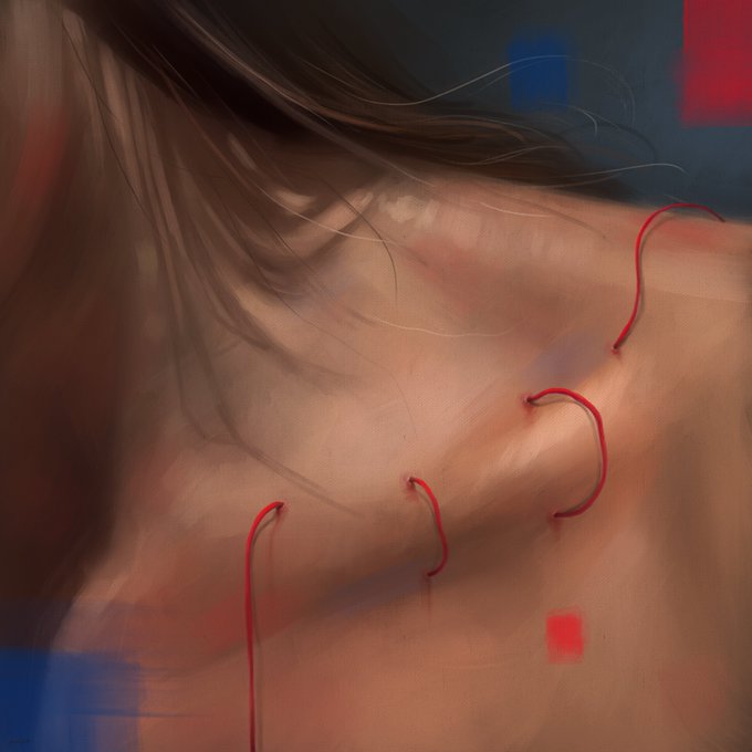 A close-up digital painting showing pale skin with thin red threads or wires pierced through it, with dark hair falling across the top of the frame.