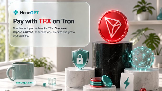 A promotional graphic for NanoGPT reads 'Pay with TRX on Tron — Now live — top up with native TRX. Your own deposit address, near-zero fees, credited straight to your balance,' accompanied by a glowing red Tron coin and decorative crypto-themed objects.
