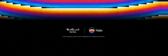 A banner with a blurred multicolored background displaying the logos for 'The Festival' and 'Halo,' with text reading 'A permissionless, peer-to-peer marketplace for verifiable AI inference.'