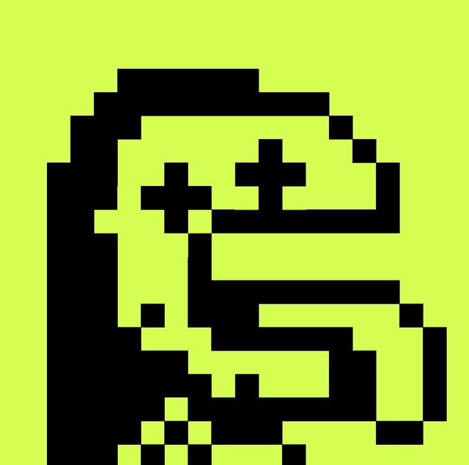 A pixel art portrait in black and lime green/yellow showing a stylized face with rectangular glasses and a contemplative expression.
