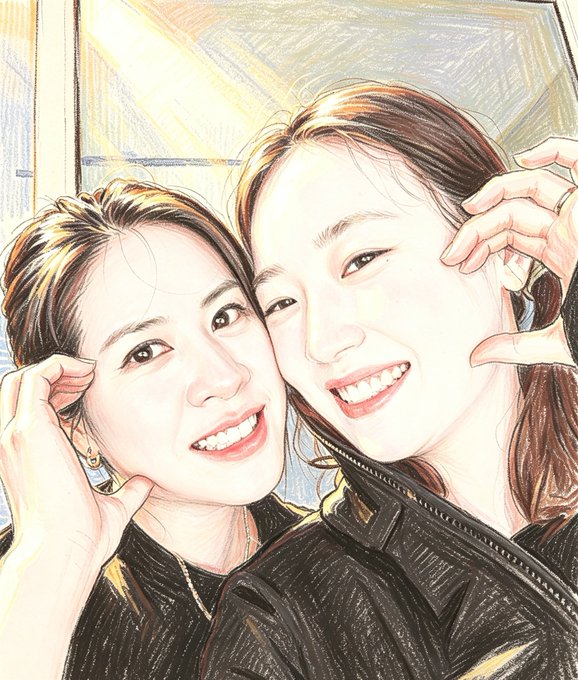 A stylized pencil-sketch style filter applied to a selfie of two smiling young women posing closely together with their hands near their faces.