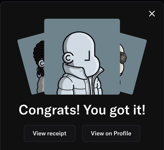 The image shows an online store page with three cartoon characters, each wearing different colored jackets - white, black, and gray. The characters are standing next to each other against a black background. The text "Congratulations! You got it!" is displayed at the top of the image, indicating that the user has successfully completed their purchase or won a prize in an online game.