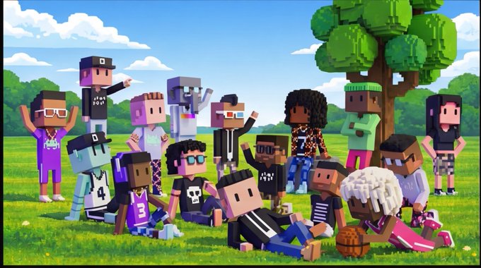 A colorful group of blocky, voxel-style characters gathers in a sunny grassy field beneath a tree, matching the post's reference to the Meebits NFT collection. The characters display diverse outfits—including basketball jerseys with visible numbers "4" and "23," skull-print shirts, and casual streetwear—capturing the playful, stylized aesthetic of the Meebits gang.