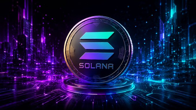 A glowing Solana (SOL) cryptocurrency coin is displayed against a futuristic neon-lit cityscape with purple and teal circuitry patterns, symbolizing advanced blockchain technology and digital infrastructure. The image visually reinforces the post's message about Solana providing a high-speed, developer-friendly foundation for building ambitious Web3 applications.