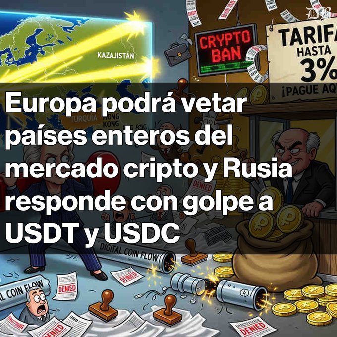The image features a cartoon depiction of a man with a gun, surrounded by stacks of money, which are being threatened by a bomb. The scene takes place in front of a sign that says "Europa busca veitar países enteros del mercado cripto La UE implementa un nuevo mecanismo para bloquear servicios ccripto que ayuden a Rusia a evadir sanciones". This image is related to the post because it uses humor and imagery to convey the message about the dangers of cryptocurrency, specifically Bitcoin. The cartoon represents the potential risks associated with cryptocurrencies, such as their vulnerability to market fluctuations or the threat of cyber attacks.