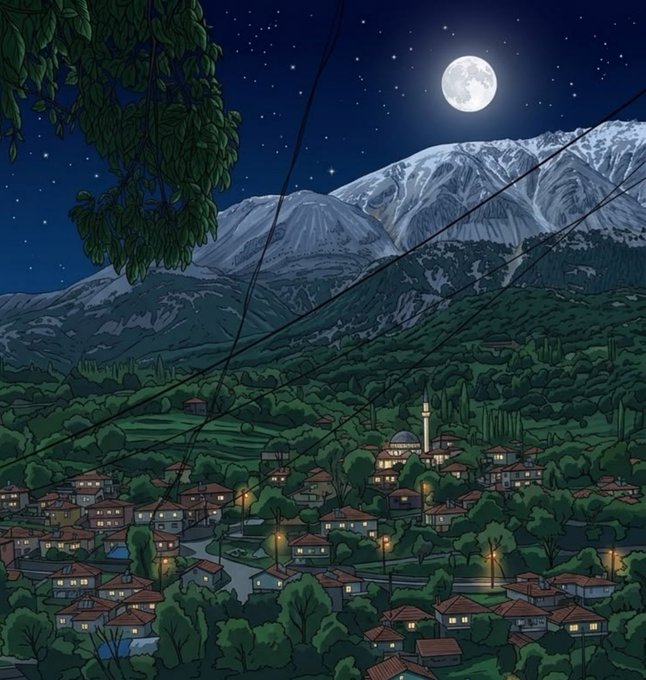 An illustrated nighttime scene depicts a small village with terracotta-roofed houses and a domed mosque nestled among lush green trees, illuminated by streetlights beneath a starry sky with a full moon and snow-capped mountains in the background.