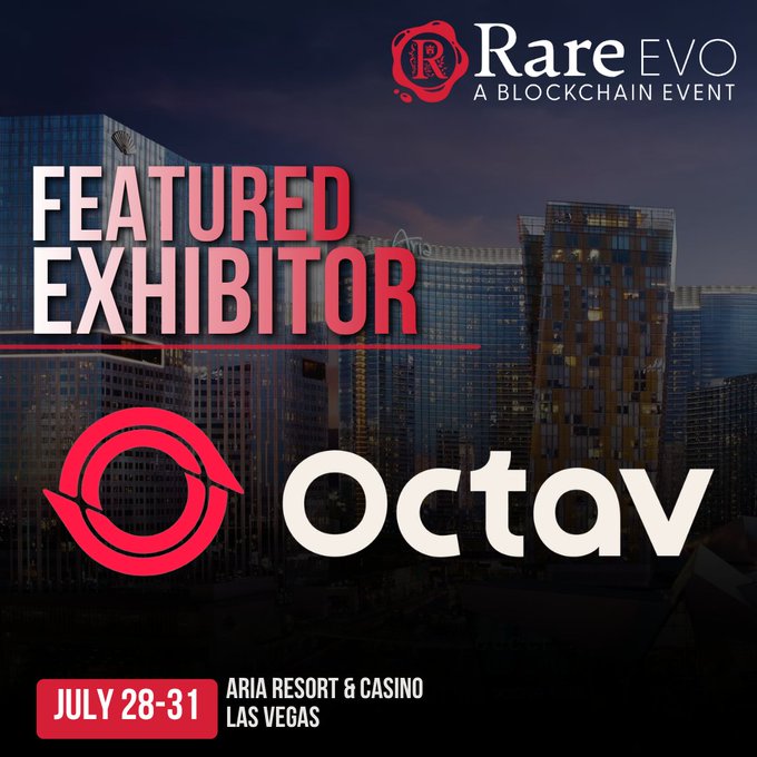 A promotional graphic for Rare EVO 2026 featuring Octav as a Featured Exhibitor, with text announcing the event's dates (July 28-31) and location (Aria Resort & Casino, Las Vegas) set against a nighttime cityscape background, aligning with the post's excitement about Octav providing portfolio intelligence for digital assets at the conference.