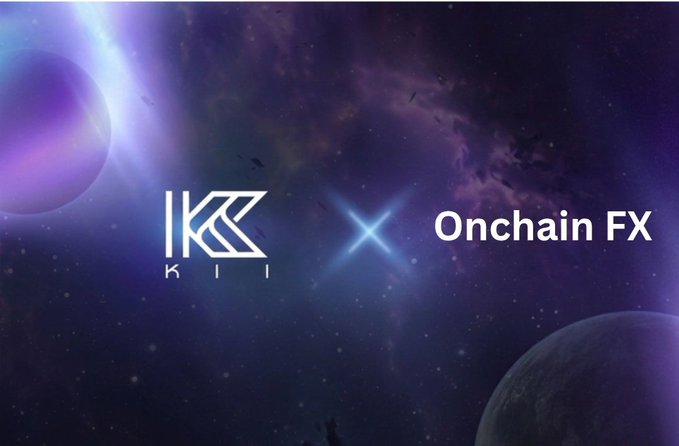 A cosmic-themed banner with purple and blue space imagery featuring the text "KII" and "Onchain FX," promoting KiiChain's onchain foreign exchange solution as an alternative to traditional cross-border payment systems.