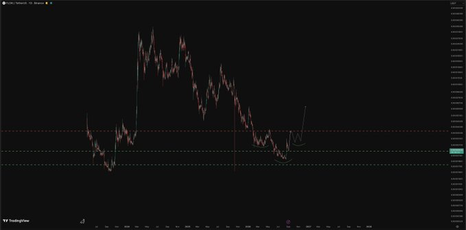 A TradingView chart displays the FLOKI/USDT price action on a 1D timeframe with several horizontal support and resistance levels marked, showing a volatile price history with notable peaks and a recent upward movement near the current price level. The chart visually supports the post's claim of FLOKI's resilience and growth across market cycles, depicting both the dramatic highs and the periods of quiet accumulation referenced in the commentary.