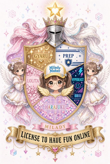 An ornate, anime-style coat of arms features a crowned knight's helmet above a shield divided into sections labeled "GYARU," "PREP," "LOLITA," "HYPEBEAST," and "HARAJUKU," with a chibi angel wearing a "Milady Maker" cap at the center and a banner reading "MILADY LICENSE TO HAVE FUN ONLINE," visually representing the milady community's diverse fashion subcultures under one heraldic crest.