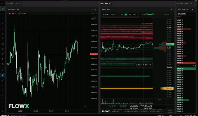 A "BTC/USD - 5m" candlestick chart paired with a "Heat Map" panel displays BTC/USDT prices in the 60,100–61,400 range, with horizontal liquidity bands stacked in red above and green below price, visually supporting the caption's claim that FlowX reveals where liquidity is building ahead of price movement rather than only past activity.