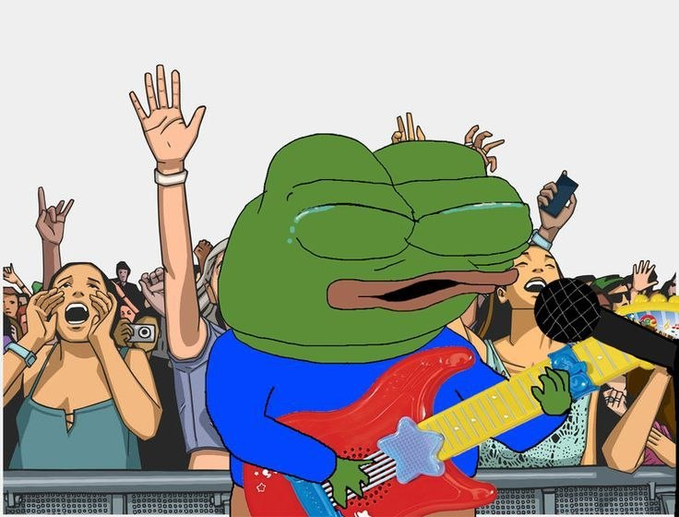 A cartoon illustration of Pepe the Frog playing a red electric guitar on stage in front of an enthusiastic crowd of cheering fans, with one fan holding up a smartphone to record.
