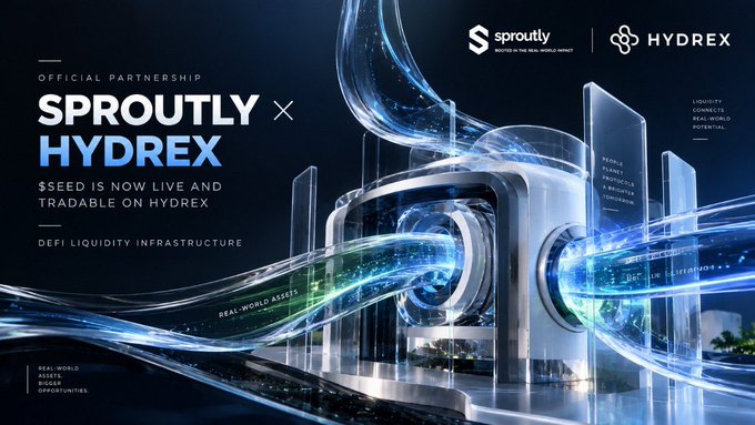 A promotional graphic announcing the 'OFFICIAL PARTNERSHIP' of 'SPROUTLY x HYDREX' with text stating '$SEED IS NOW LIVE AND TRADABLE ON HYDREX' and 'DEFI LIQUIDITY INFRASTRUCTURE'.