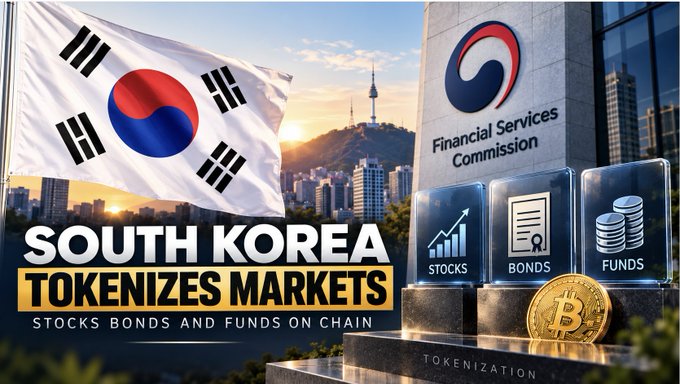 The image shows a promotional banner titled "SOUTH KOREA TOKENIZES MARKETS - STOCKS BONDS AND FUNDS ON CHAIN," featuring the South Korean flag, a Seoul cityscape with N Seoul Tower, the Financial Services Commission logo, and symbolic icons representing stocks, bonds, and funds alongside a Bitcoin token. It visually reinforces the post's message about South Korea's regulatory roadmap to tokenize traditional securities, highlighting the $RWA (Real World Assets) revolution launching in 2027.