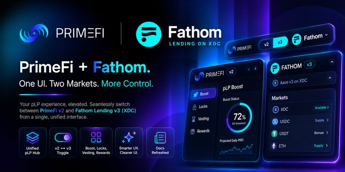 The image features a poster or banner that showcases a new unified pLP hub, specifically designed for lending platforms like Fathom. The hub has been updated with a new unified pLP hub, dedicated Boost, Locks, Vesting, and Rewards tabs, improved performance, cleaner navigation, and a smooth v2 v3 toggle for Fathom users. This upgrade is aimed at making the lending process more efficient and user-friendly.
