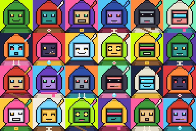 A colorful grid of pixel-art characters in hooded outfits with digital face displays, arranged in a 4x6 pattern.