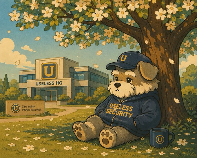 The image shows an illustrated mascot—a small dog wearing a blue "USELESS SECURITY" hoodie and cap with a "U" logo—sitting peacefully under a blooming tree beside a coffee mug, with the "USELESS HQ" headquarters building and a sign reading "Zero utility. Infinite potential." in the background. The post declares fierce, almost militant loyalty to "Bonk guy," echoing the meme's repetitive devotion format, which ironically pairs with the image's self-aware, tongue-in-cheek branding of being "useless" yet earnest.