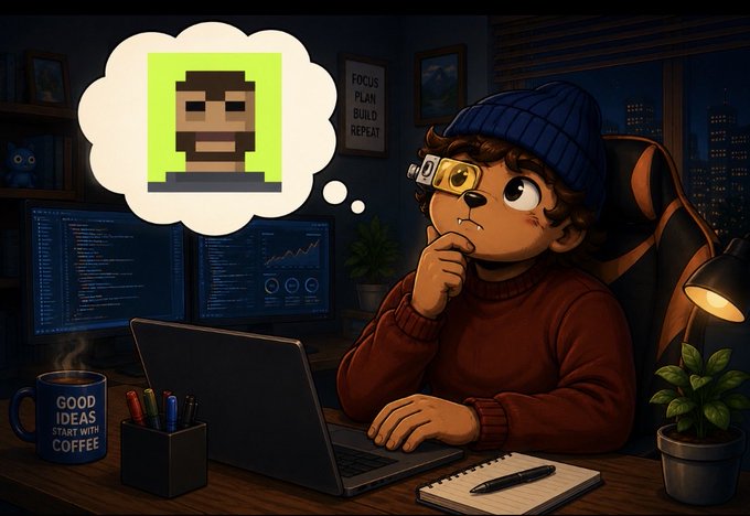 A digital illustration of a character at a desk with multiple monitors, thinking about a pixelated bearded face icon in a thought bubble.