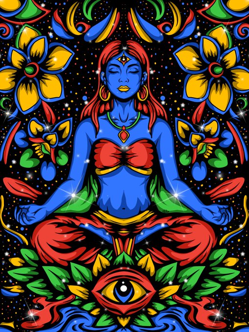 A vibrant, psychedelic digital artwork depicting a blue-skinned female figure meditating in a lotus position with red hair and clothing, surrounded by ornate floral patterns and an eye symbol below her.
