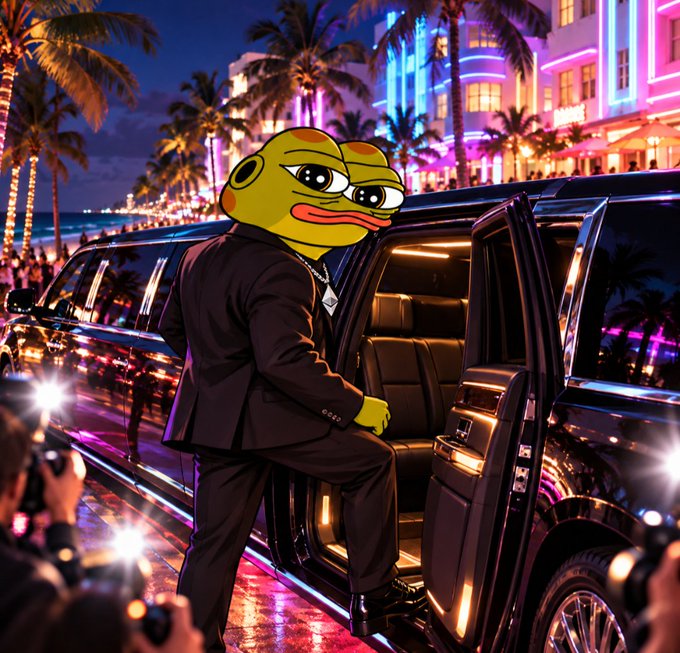 An AI artwork of a Pepe the Frog character dressed in a sharp black suit and diamond necklace, stepping out of a black luxury limousine onto a vibrant neon-lit street lined with palm trees, while photographers snap pictures.
