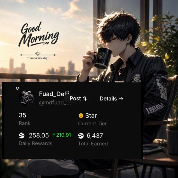 A young man, dressed in a black jacket and glasses, sits on a balcony with a potted plant, holding a coffee cup while reading a message about Good Morning.