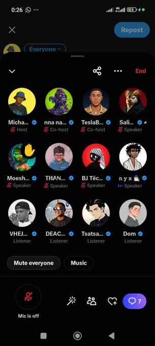 Screenshot of an X (Twitter) Spaces audio room at 0:26 with the mic off, showing multiple speakers and listeners with profile pictures including names like Micha, TeslaB, BJ Têo, and Dom.