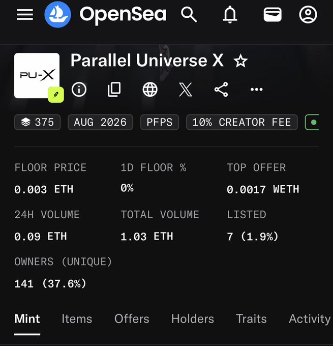 A screenshot of the OpenSea NFT marketplace showing the "Parallel Universe X" collection details, including a floor price of 0.003 ETH, 24H volume of 0.09 ETH, 141 unique owners, and a 10% creator fee.