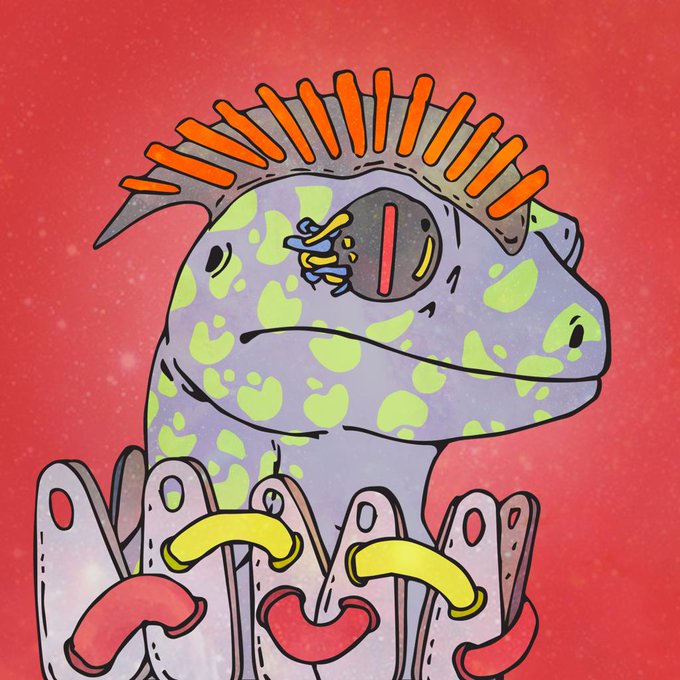 A cartoon illustration of a purple and green spotted dinosaur-like creature with orange spiky hair and yellow/red tentacle-like appendages against a red background.