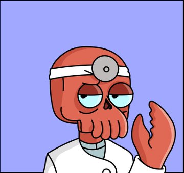 A cartoon illustration of a tired-looking doctor or surgeon with octopus-like tentacles for a lower face, wearing a head mirror and white coat against a purple background.
