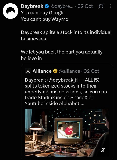 A screenshot of a tweet from Daybreak (@daybre...) explaining that the platform splits stocks into individual businesses, such as Starlink inside SpaceX or Youtube inside Alphabet, allowing users to back specific business segments.