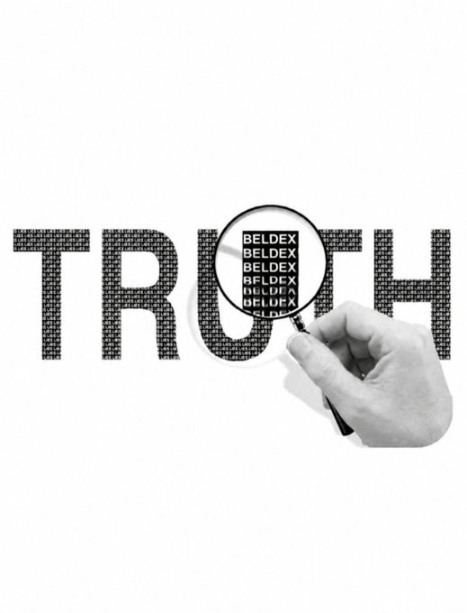 A hand holds a magnifying glass over the word 'TRUTH', revealing the word 'BELDEX' repeated in the background pattern.