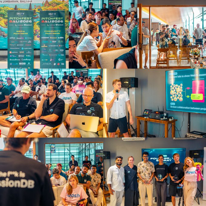 A collage of photos from the 'Pitchfest Bali 2026' event in Jimbaran, Bali, showing attendees, speakers presenting, and groups of people, with sponsor logos including yidio and Cernexy.