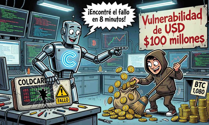 A cartoon illustration featuring a robot pointing at a security flaw in a 'COLDCARD' alongside a hooded character sweeping Bitcoin coins, with Spanish text reading '¡Encontré el fallo en 8 minutos!', 'Vulnerabilidad de USD $100 millones', and 'BTC 1,080'.