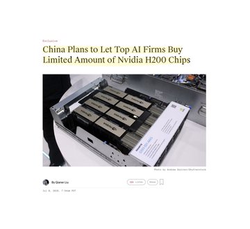 The image shows a Bloomberg article headline reading "China Plans to Let Top AI Firms Buy Limited Amount of Nvidia H200 Chips," featuring a photo of Nvidia H200 chips in packaging, which relates to the post's breaking news about China potentially resuming orders of Nvidia's H200 AI chips after a pause.