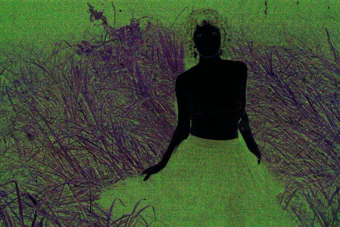 A surreal digital artwork featuring a silhouetted female figure standing in a grassy field with a heavy green and purple color distortion effect.