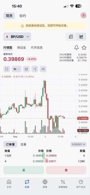 A mobile app screenshot showing a cryptocurrency trading interface for the BP/USD pair with candlestick charts and trading options in Chinese.