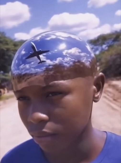 A young boy stands outdoors under a reflective, dome-shaped head that mirrors the sky, clouds, and an airplane flying above.