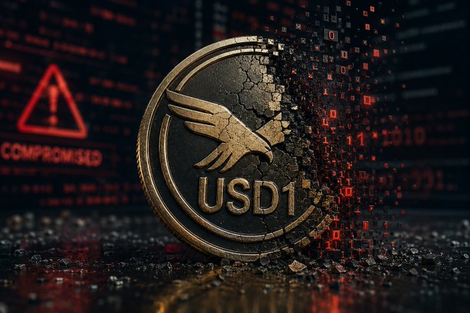 A dramatic digital artwork depicts a USD1 coin crumbling into binary code with a red warning triangle reading 'COMPROMISED' in the background.