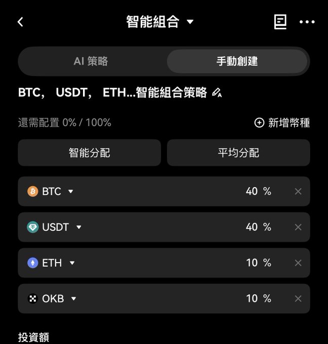 A cryptocurrency portfolio allocation screen in Chinese showing a manual smart portfolio setup with BTC at 40%, USDT at 40%, ETH at 10%, and OKB at 10%, under the heading '智能組合' (Smart Portfolio).