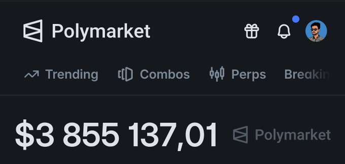 A screenshot of the Polymarket website showing a balance of '$3 855 137,01' with navigation tabs for Trending, Combos, Perps, and Breakin.