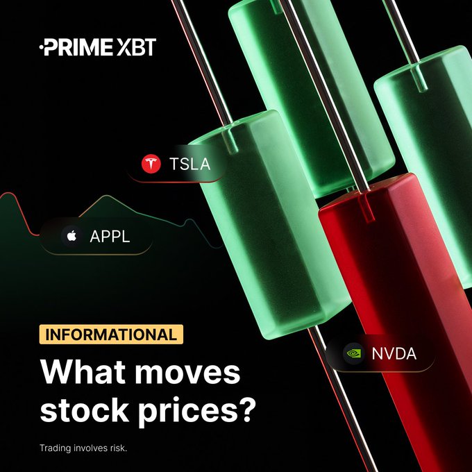 PrimeXBT promotional graphic asking 'What moves stock prices?' with ticker badges for TSLA, APPL, and NVDA displayed against green and red candlesticks on a black background.