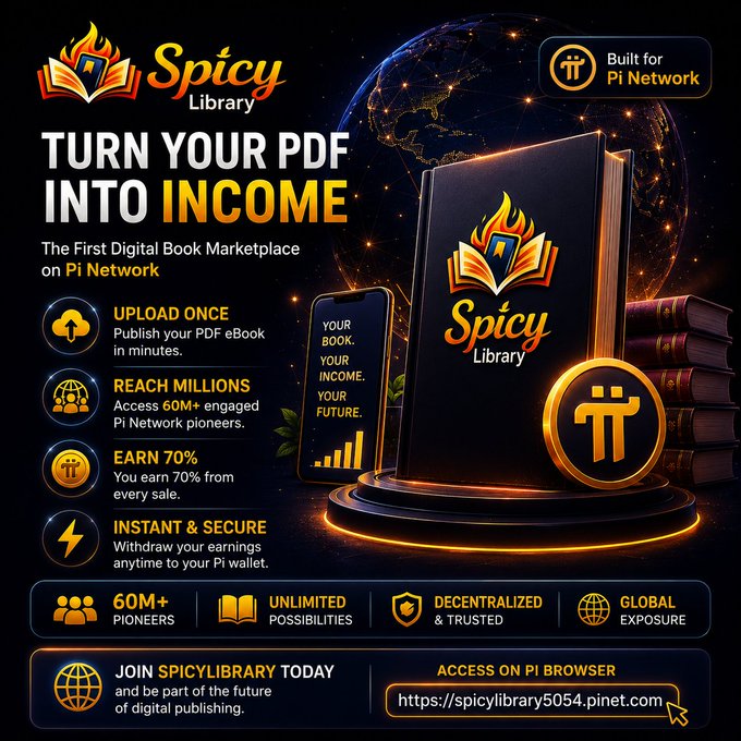 Promotional graphic for Spicy Library, the first digital book marketplace on Pi Network, advertising features like 70% earnings, 60M+ pioneers, and a link to spicylibrary5054.pinet.com.