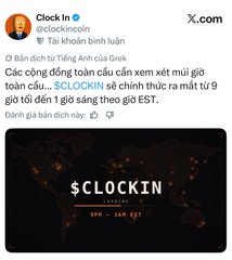 The image is a Vietnamese-language tweet announcing the launch of a token called $CLOCKIN, with the visible text "SCLO CLOKIN" and "SOLO CLOKIN" along with "Tài khoản binh luận" (commenting account). The accompanying post discusses buying $CLOCKIN on RH (likely Robinhood), detailing a 33% initial tax that decreases linearly to 0% over 33 minutes during a sale window from approximately 9am to 1pm.