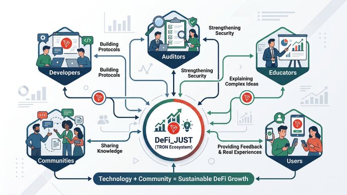 An infographic illustrates the 'DeFi JUST (TRON Ecosystem)' cycle, showing connections between Developers, Auditors, Educators, Users, and Communities, with the tagline 'Technology + Community = Sustainable DeFi Growth'.