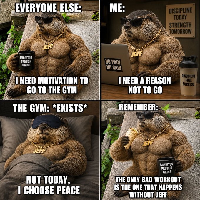 A four-panel meme featuring a muscular bear named Jeff in sunglasses and gold chains, joking about avoiding the gym for burritos and rest.