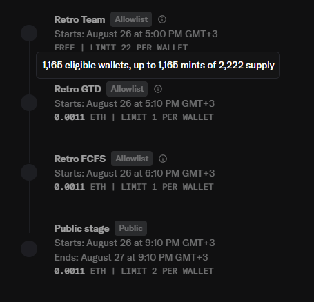 A mint schedule showing Retro Team (Aug 26 at 5:00 PM GMT+3, free, limit 22), Retro GTD (0.0011 ETH), Retro FCFS (0.0011 ETH), and Public stage (Aug 26-27, 0.0011 ETH).